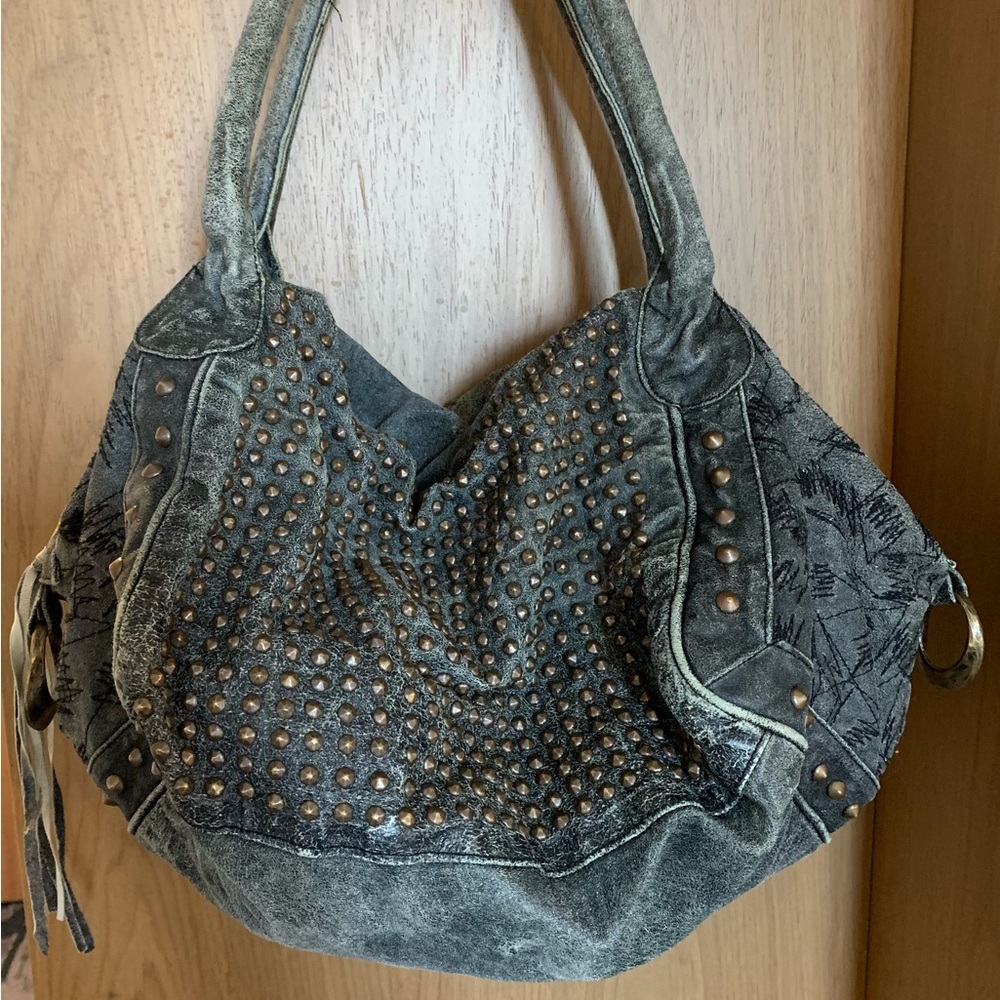 Cecilia de Bucourt Studded Gray Graffiti Bag